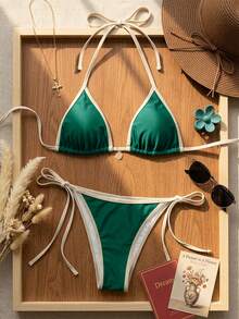 Swim Mod Bộ bikini hai mảnh màu trơn mới dành cho nữ, kiểu dáng tam giác, gợi cảm, buộc dây, phối màu tương phản. - màu xanh lá - Xem 3