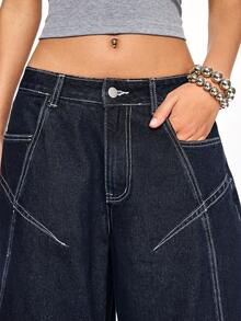ROMWE Grunge Punk Y2K Ultra Low Waist Baggy Fold-Over Hem 7/8 Length Jeans - Black - View 2