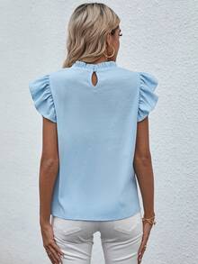 SHEIN PariChic 高领荷叶边装饰褶皱衬衫，适合新年穿着，夏季女式可爱休闲上衣 - 藍色 - 查看 2