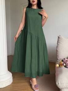 SHEIN 孕妇纯色褶皱休闲连衣裙，适合派对、度假、外出 - 墨綠色 - 查看 10