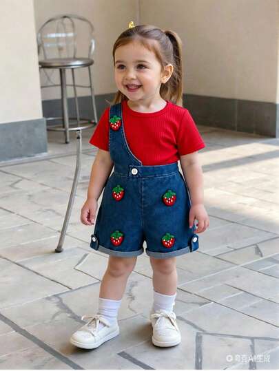 SHEIN Playful Pals 2pcs Baby Girl Solid Red Ribbed Crew Neck T-Shirt + Strawberry Decor Denim Overalls Shorts Set, Cute Versatile Comfortable Elastic Waist Rolled Hem Shorts, Summer Stylish Outfit