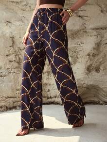 MOTF PREMIUM WOMEN'S LINEN ALL OVER PRINTED PANTS, SPRING/SUMMER - Navy Blue - View 4