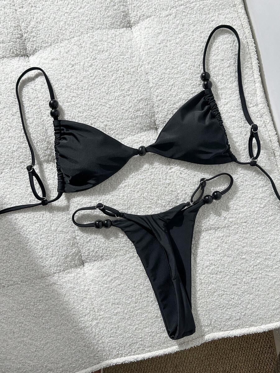Swim Mod Black Fabric Bikini Set For Women With Plain Thongs And Tie Back Details - Black - View 1