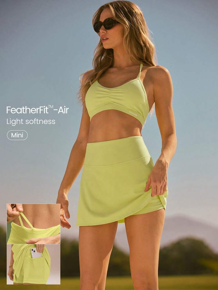 FeatherFit™-Air Ace The Day Buttery-Soft Sweat-Wicking Adjustable Elastic Waist Built-In Shorts Side Pockets Anti-Slip Grips A-Line Mini Skirt Light Support Low Impact Tennis Golf Pickleball Daily Active Wear