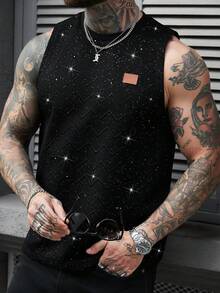 Manfinity Homme Áo thun nam dáng rộng, chất liệu mềm mại, màu trơn, cổ tròn, không tay, với hiệu ứng ánh kim. Thích hợp cho kỳ nghỉ hoặc làm quà tặng cho bạn trai; lý tưởng cho phong cách đường phố thường ngày. - màu đen - Xem 8