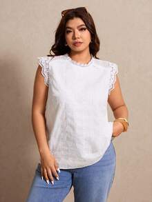 Elaquor 大码刺绣无袖衬衫，优雅可爱刺绣上衣，白色刺绣上衣，全刺绣衬衫，度假衬衫 - 白色 - 查看 3