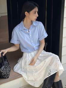DAZY Women's Casual Solid Color Blouse, Summer - Blue - View 9