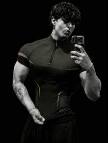 RISE LYT Áo thun ngắn tay có khóa kéo dành cho nam, thích hợp cho chạy bộ, tập thể dục, tập luyện, kiểu dáng thường ngày, có khả năng nén cơ thể. - màu đen - Xem 5