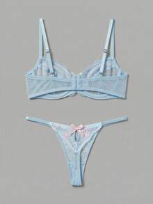 lacRébo Bộ đồ lót lưới xuyên thấu thêu hoa màu xanh dương gồm áo ngực có gọng và quần lọt khe cùng màu, gợi cảm và sành điệu. - Màu xanh nhạt - Xem 8