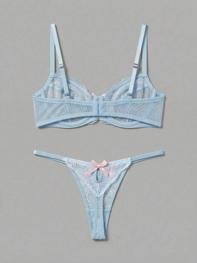 Blue Floral Embroidered Sheer Mesh Lingerie Set With Underwired Bra And Matching Thong Sexy Chic