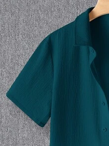 两件套青少年男童休闲舒适针织短袖衬衫和短裤套装，春季服装 - 墨綠色 - 查看 5