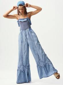 Bohemela Women's Solid Color Woven Denim Jumpsuit, Casual Vacation Style, Spring/Summer - Blue - View 1