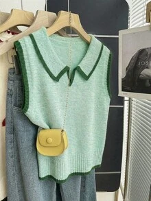 SHEIN LUNE Sage Green Knitted Vest,Polo Collar Half-Button Design,Contrast Trim Sleeveless Soft Ribbed Knit Top,Autumn Casual School Back-To-School Layering - Mint Green - View 8