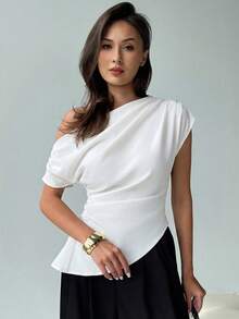 Aloruh Áo kiểu dáng tối giản mới, đa năng, màu xám, thiết kế bất đối xứng, vai nhún bèo, tay ngắn ôm sát. - trắng - Xem 6