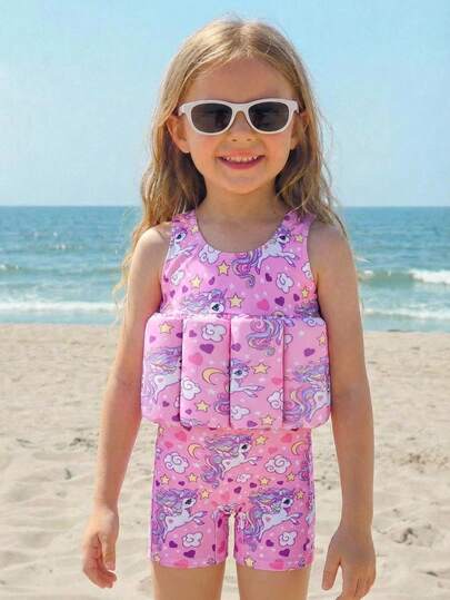 Emery Rose Kids Emery Rose Kids Bộ đồ bơi liền thân không tay họa tiết kỳ lân cầu vồng đan len dành cho bé gái, thích hợp cho kỳ nghỉ hè ở bãi biển.