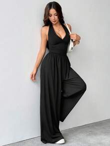 SHEIN MOOSTA 女士休闲蕾丝拼接连体裤，春夏款 - 黑色 - 查看 6