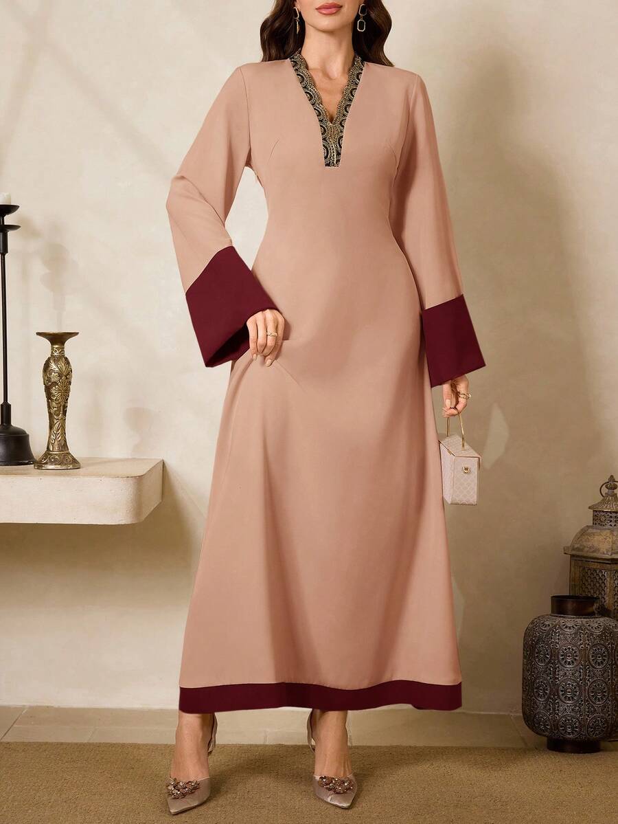 Al Najma 女士撞色V领长袖优雅阿拉伯风格连衣裙,最新款女式长袖穆斯林长袍,女士连衣裙 - 藕粉色 - 查看 1