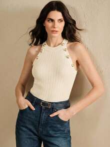 Anewsta Women's Solid Color Round Neck Fitted Casual Everyday Top - Apricot - View 3