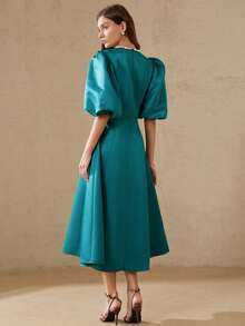 Aveloria Rosie Đầm midi xòe sang trọng, thanh lịch dành cho nữ, chất liệu satin, tay bồng, cổ tròn, phối đá lấp lánh, eo dây xích, thích hợp cho các buổi hẹn hò. - Màu xanh Cadet - Xem 6