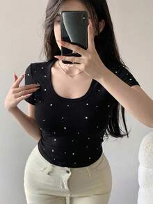 DAZY Round-Neck Rhinestone Decor Slim Fit Short Sleeve T-Shirt For Summer Casual Outfits Cute Tops,Crop Tops Women - Black - View 5
