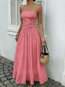 MainGRL 女士红白格子印花荷叶边下摆无肩带连衣裙，适合度假、秋季时尚、婚礼宾客着装、生日装、户外活动、乡村风格、春夏穿着。 - 彩色 - 查看 5