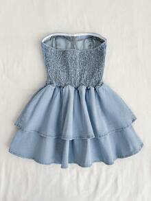 SHEIN Women's Fitted Bustier Mini Cake Layer Denim Dress - Blue - View 6