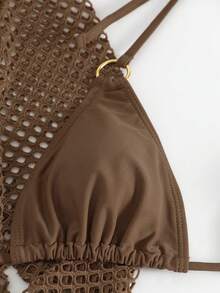 Bonvoyette Bañador bikini triángulo halter liso con cover up - Café integral - Ver 8