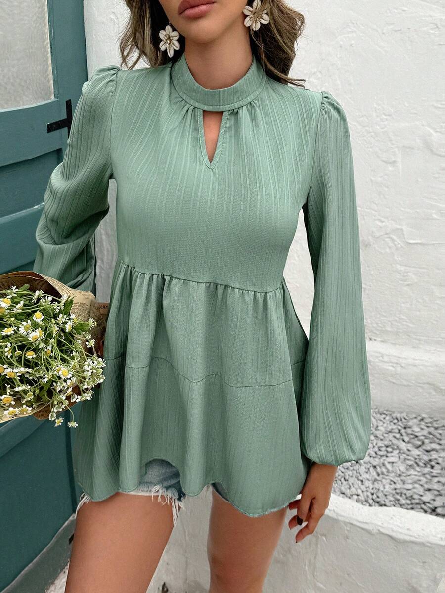 SHEIN Clasi Keyhole Neckline Bishop Sleeve Peplum Blouse Peplum Top - Mint Green - View 1