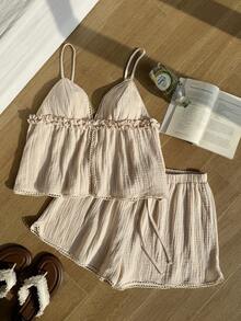 Comfortcana Conjunto informal de 2 piezas de color albaricoque, con camiseta de tirantes y pantalones cortos, talla grande, para verano - Albaricoque - Ver 6