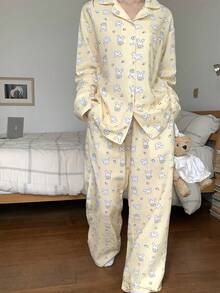 DAZY Teen Girl Cute Cartoon Rabbit All-Over Print Drop Shoulder Loose Long Sleeve Shirt And Pants Pajama Set, Suitable For Spring And Autumn - Yellow - View 1