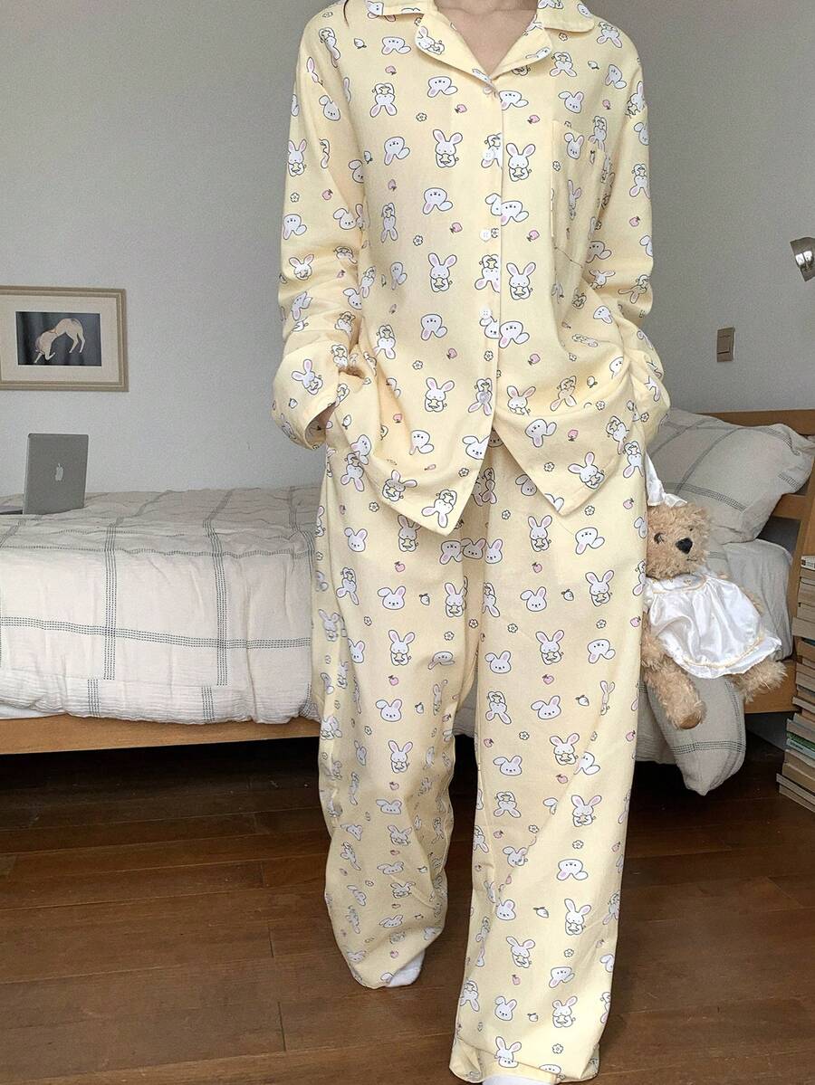 DAZY Teen Girl Cute Cartoon Rabbit All-Over Print Drop Shoulder Loose Long Sleeve Shirt And Pants Pajama Set, Suitable For Spring And Autumn - Yellow - View 1