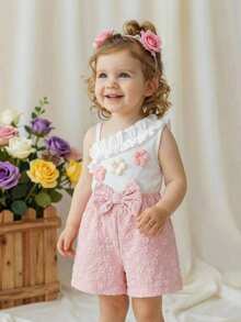 SHEIN Baby Girls' Fashion Elegant Asymmetric Shoulder 3D Floral Bow Romper, Summer - Pink - View 4