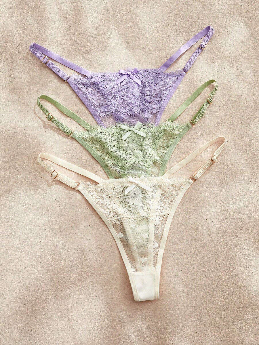 Charlaine 3pcs/Pack Women's Low-Rise Lace Thong Panties, Random Heart Pattern - Multicolor - View 1