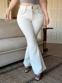 Dazy Plus Stretchy Skinny Long Casual Versatile Flare White Jeans, All Season - White - View 5