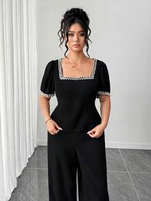 Elenzga 2pcs Plus Size Women's Elegant Sequin Satin Ribbon Square Neck Puff Sleeve Blouse,Slim Fit Long Palazzo Pants Set,Summer Black And White Wedding Guest - Black - View 8