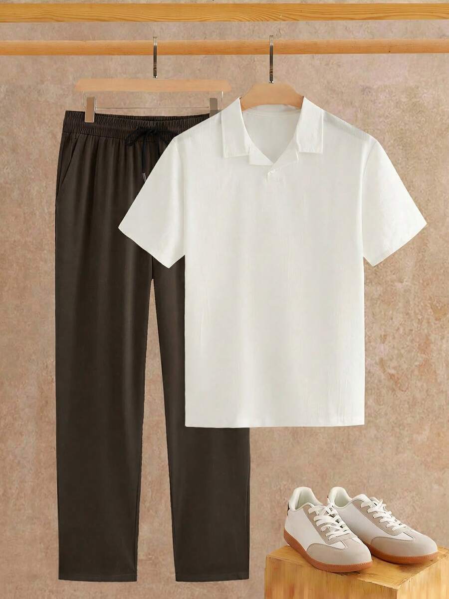 HIMLAND Conjunto de camisa de manga corta y pantalones casuales de unicolor para hombre - Blanco y Negro - Ver 1