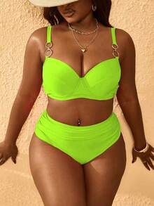 Slaydiva Plus Size Women's 2-Piece Solid Fuchsia Swimwear Set, Underwire Adjustable Strap High Waist Ruched Bottoms - Multicolor - View 4