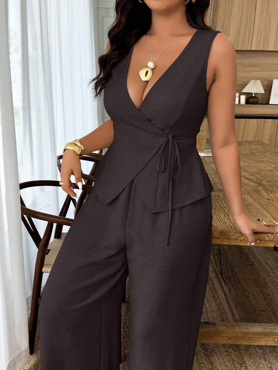 Weeklong Plus Size Women's Sleeveless Wrap Tie Waist Jumpsuit, Casual Commuter Outfit For Spring/Summer - Brown - View 1