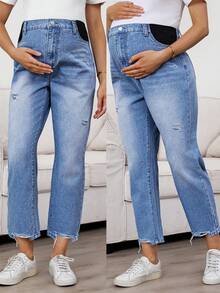 SHEIN Quần jean bầu rách dáng rộng, phong cách thường ngày, thích hợp mặc đi lễ hội mùa hè, đi làm, đi nghỉ mát, tốt nghiệp, thời trang sành điệu, phong cách Y2K, dễ thương, thời trang đường phố, dự tiệc, đám cưới, thanh lịch, công sở, thường ngày. Quần jean bầu màu xanh nhạt bạc màu, chất liệu denim co giãn, có chun co giãn, kiểu dáng thời trang. Quần jean bầu màu xanh nhạt bạc màu, có chi tiết rách và phần bụng nâng đỡ. - Màu xanh lam - Xem 8
