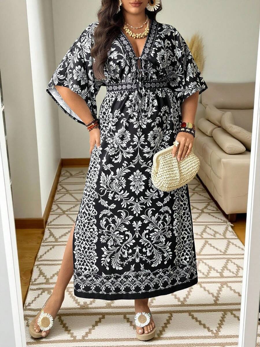 Ceyna Plus Size Women's Elegant Retro Black & White Floral Print V-Neck Maxi Dress,Summer Boho Caftan Holiday Resort Wear,Sunday Tea Party Loose Slit Hem - Black and White - View 1