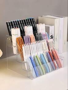 1PC Large Capacity Slanted Design Desktop Multifunctional Storage Clear Acrylic Pen Display Stand For Office School Home Desk Organization Pen Organizer Pencil Holder - Transparent - View 16