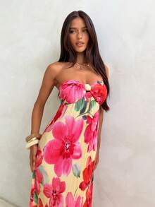 Aloruh 女士夏季度假连衣裙，波西米亚风褶皱印花无肩带露肩连衣裙，A字廓形，热带花卉印花，适合海滩度假、音乐节等场合 - 黃色 - 查看 7