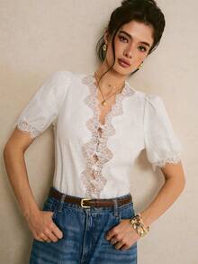 Poéselle Women's White 100% Cotton Blouse,Elegant Scalloped V-Neck Lace-Trim Puff-Sleeve Cottagecore Top,Vintage Summer Eyelet Shirt For Tea Party,Beach Outfit - White - View 8