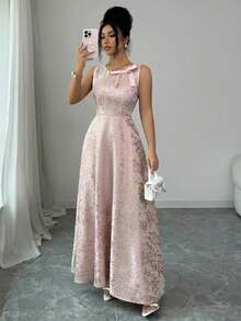 GlowEve Spring & Summer Round Neck Sleeveless Pink Textured Gold Thread Embroidered Jacquard Waist Gathered A-Line Romantic Date Wedding Party Cocktail Vacation French Elegant Women Long Dress Elegant Dress For Women Spring Elegant Dresses Pink Elegant Dress Rose Gold Elegant Dress Long Elegant Dress - Pink - View 4