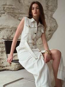 MOTF PREMIUM 系带纽扣牛仔连衣裙 - 白色 - 查看 3