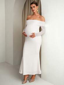 Loomaby Maternity Solid Color Off-Shoulder Dress, Baby Shower - White - View 3