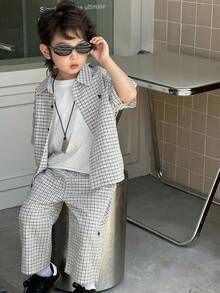 Dazy Kids Conjunto de camisa casual de manga corta con hombros caídos y botones con estampado a cuadros para niños pequeños, verano - Blanco y Negro - Ver 4