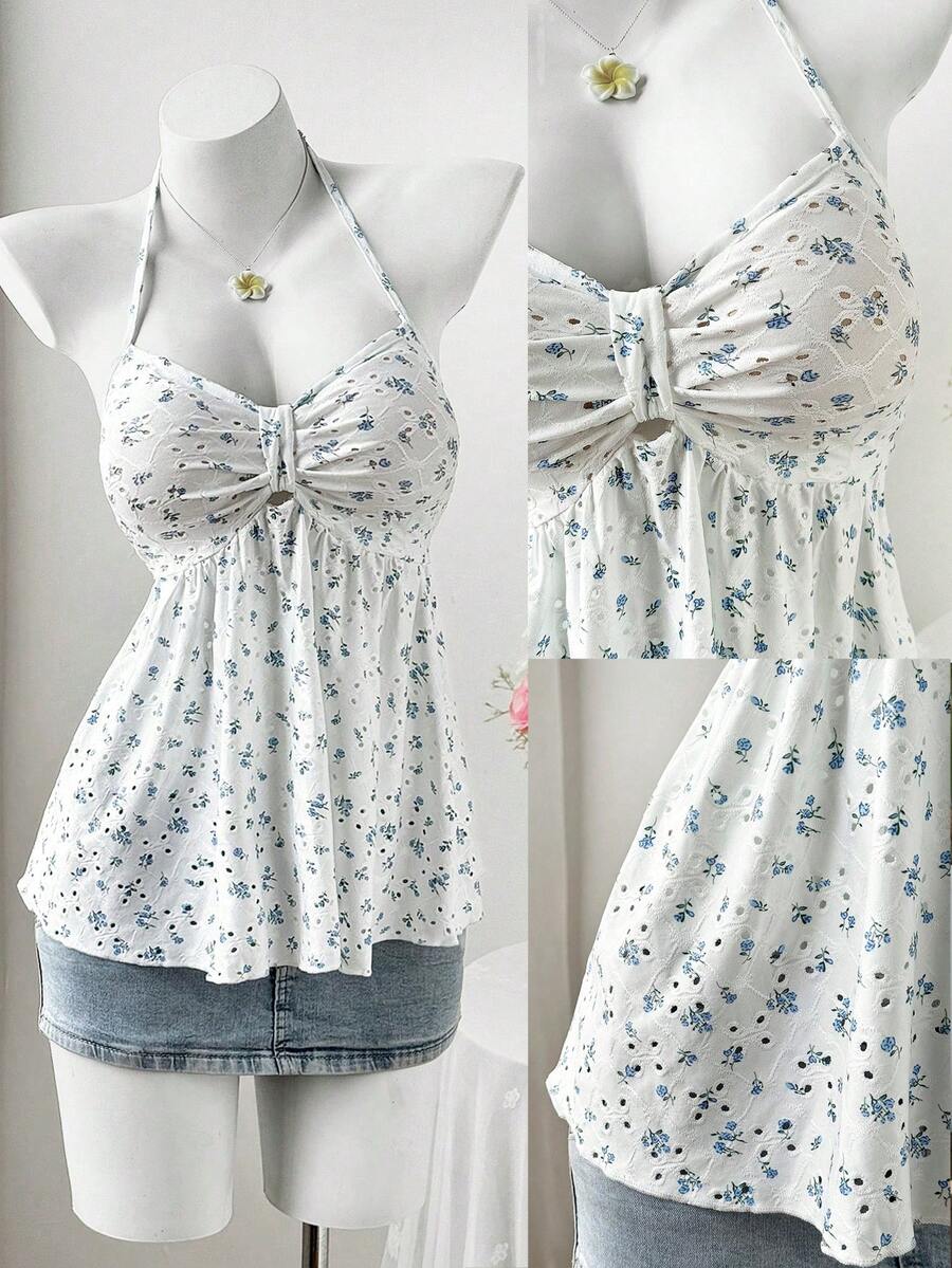 Sweetra Nueva camiseta de tirantes ajustada con estampado floral diminuto y fresco, versátil y dulce para el verano - Blanco - Ver 1