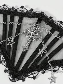ROMWE Goth 1-Piece Women's Black Mesh Lace Edge Double Chain Skull Cross Decoration Dark Style Punk Style Waist Seal Waist Dress Jeans Accessories Daily Versatile Gift Giving First Choice - Black Skull Cross Chain Waist Seal - View 4