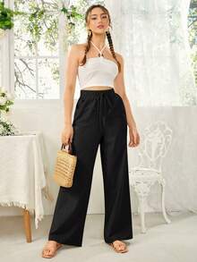 SHEIN Essnce Women's Solid Color Self Tie Waistband Pants With Pockets - Black - View 6